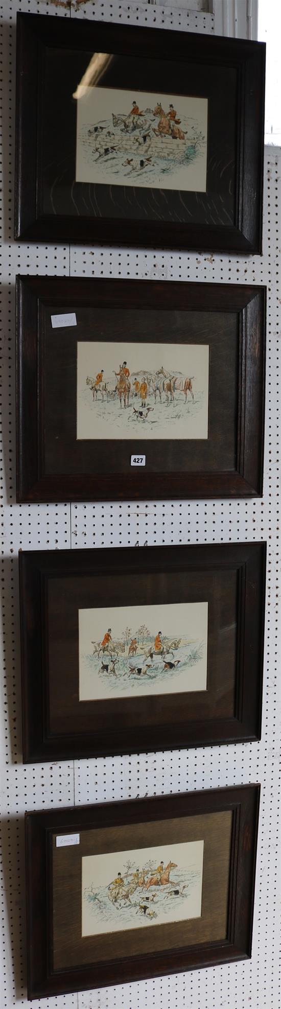 4 tipped in hunting prints, oak frames